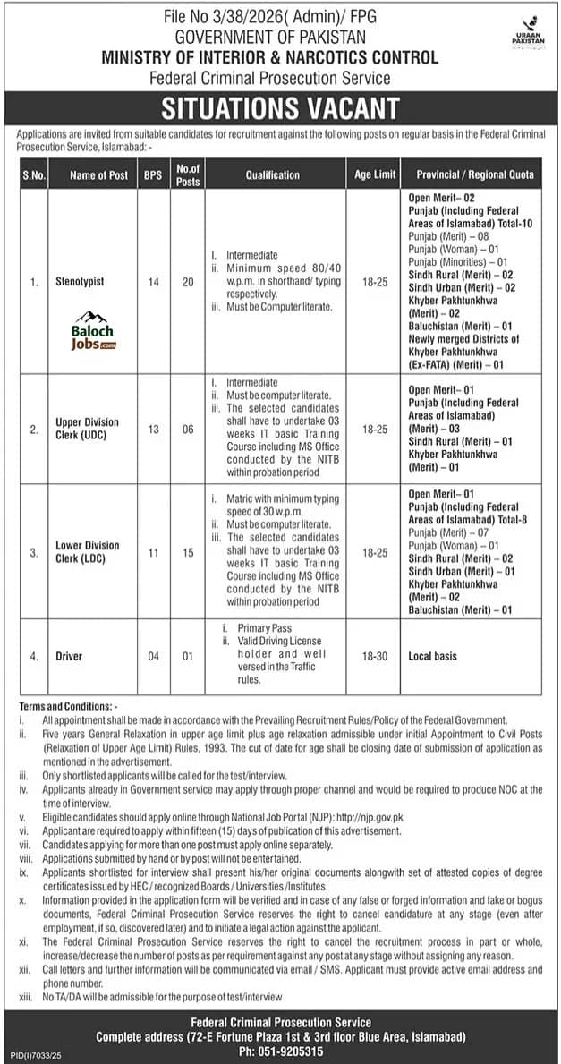 Ministry of Interior and Narcotics Control Jobs 2026 Advertisement 